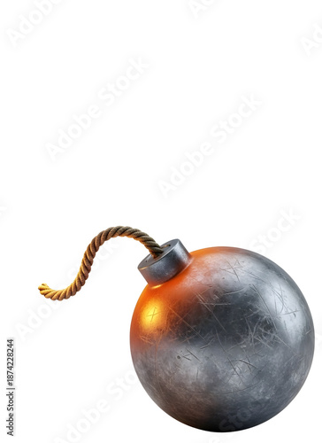 Scratched metal bomb with glowing fuse and rope isolated on white transparent background