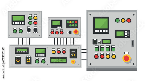 Control panels with buttons and displays in flat design