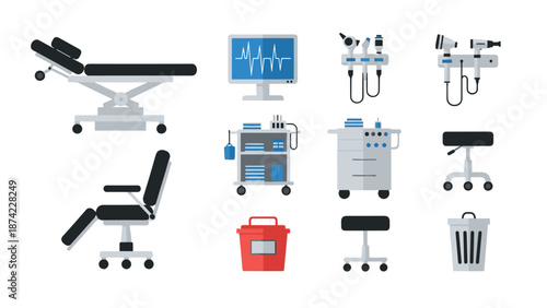 Flat style medical equipment set featuring hospital furniture and diagnostic tools
