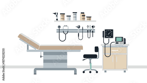 Modern medical examination room with equipment in flat design style