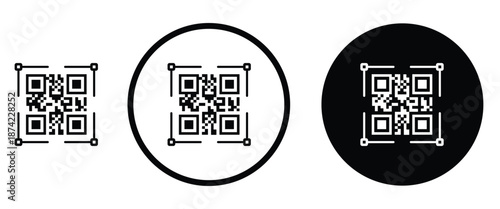 Three minimalist black and white QR code icons arranged horizontally on a transparent background. Left: standard square QR pattern. Center: QR inside thin white circle on black. Right: QR inside thick