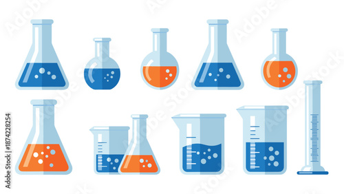 Laboratory glassware with colorful liquids in flat style