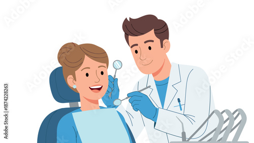 Dentist and patient smiling during dental checkup in modern clinic