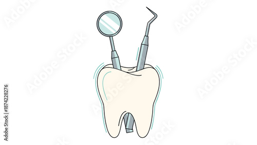 Dental tools and tooth cartoon for oral hygiene and dentistry concepts