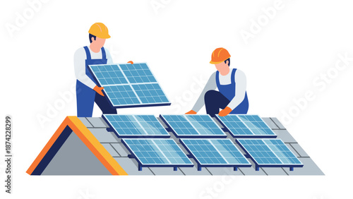 Workers installing solar panels on roof in clean energy initiative concept