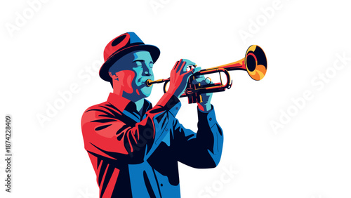 Vibrant pop art trumpet player captures the rhythm and energy of live jazz music