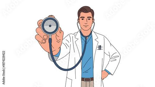Friendly doctor holding stethoscope in hand-drawn medical cartoon style
