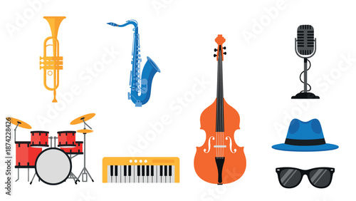 Musical instruments collection with jazz elements in flat design