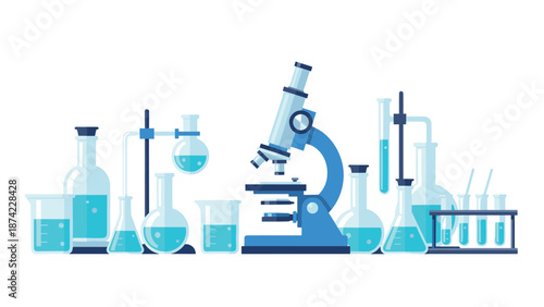 Scientific laboratory equipment set with microscope and glassware in flat design