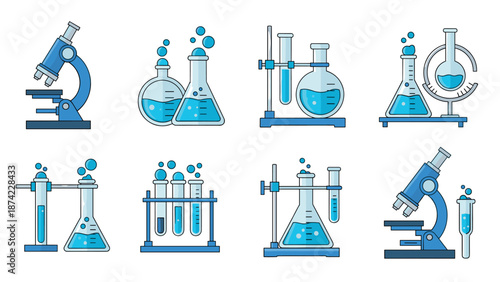 Laboratory equipment icons with microscope and glassware in flat style