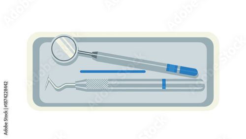 Dental tools on tray with mirror and probe in minimalist flat design