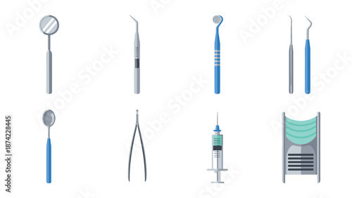 Dental tools collection: mirror, syringe, probe and other instruments for oral care