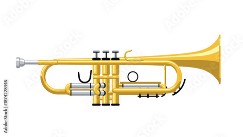 Realistic trumpet with detailed valves and curved tubing in side view