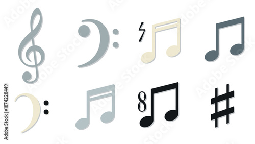 Colorful music notes and symbols in flat design