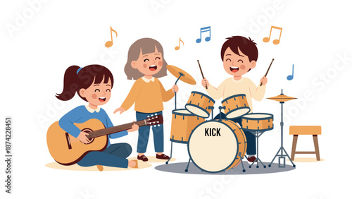 Kids playing musical instruments with joyful expressions and colorful notes