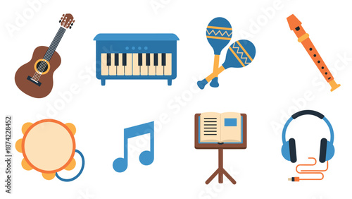 Colorful musical instrument icons set: guitar, keyboard, maracas, tambourine, recorder, music note, book, and headphones
