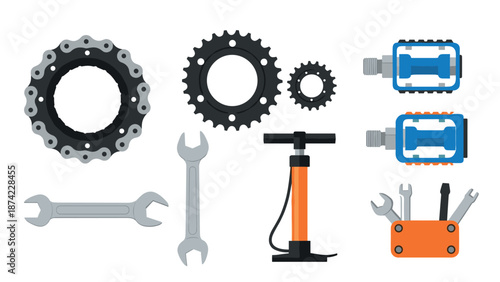 Bicycle maintenance tools set in flat design for easy repairs and upgrades