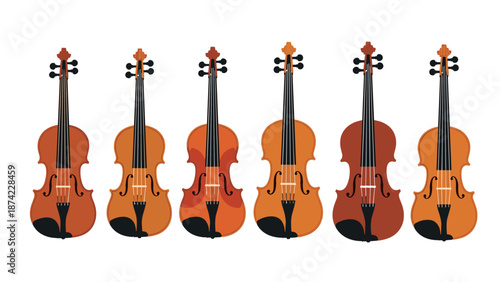 Colorful collection of six classical violins in a row on white background