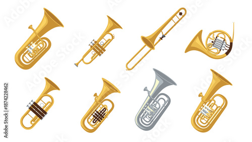 Collection of brass instruments in a flat design style