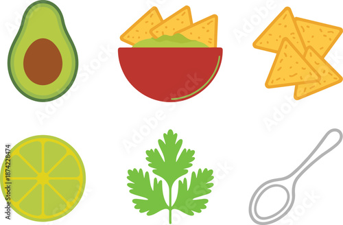 Flat vector guacamole ingredients icons set avocado lime cilantro tortilla chips bowl spoon isolated minimal food illustration design collection Mexican
