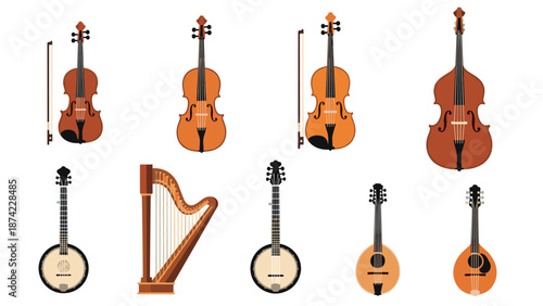Collection of string instruments in flat design: cello, banjo, mandolin, viola, harp