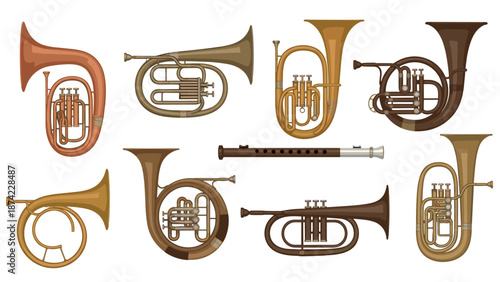 Collection of brass musical instruments in flat style