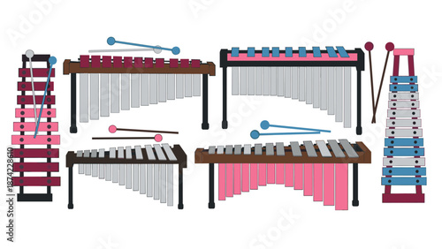 Colorful percussion instruments set featuring xylophones and marimbas