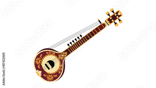 Traditional indian musical instrument with ornate design and strings
