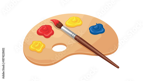 Colorful artist palette with brush and vibrant paint blobs on wooden background