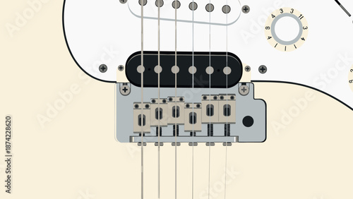 Electric guitar close-up: detailed view of bridge and strings in flat design