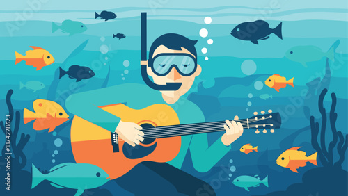 Underwater adventure: snorkeling musician surrounded by colorful fish in flat design ocean scene