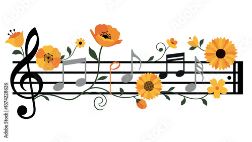 Floral musical notes with sunflowers and poppies in a whimsical design