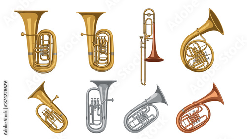 Collection of brass instruments: tuba, trombone, french horn, and euphonium