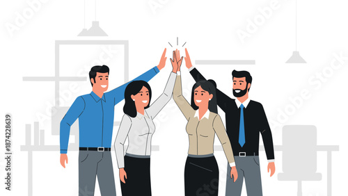 Team collaboration success: coworkers celebrating with a high five in office setting