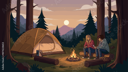 Couple camping in forest with tent and campfire at sunset
