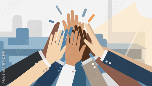 Diverse team high five in flat style for workplace unity and collaboration