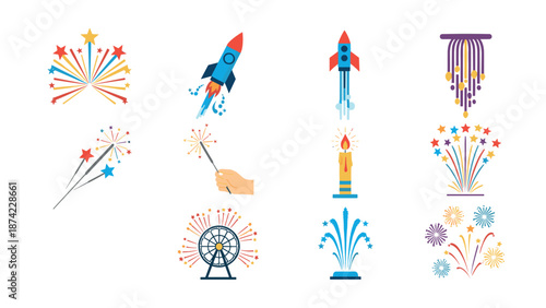 Colorful fireworks and celebrations: rockets, sparklers, and more