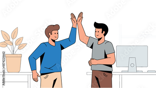 Cheerful teamwork in office environment featuring two people giving high five