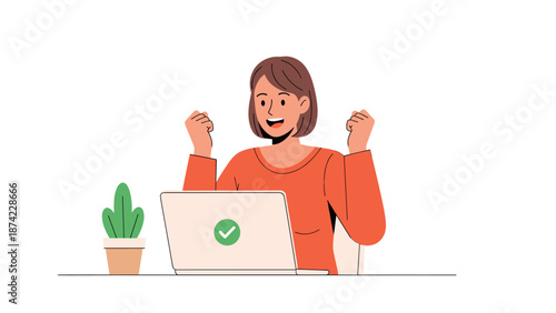 Happy woman celebrating success at laptop desk with potted plant