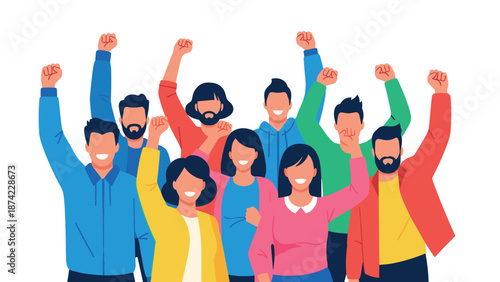 Diverse group celebrating together with raised hands in flat style