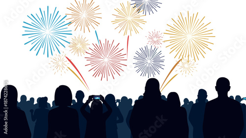 Silhouette crowd watching colorful fireworks display in night sky celebration