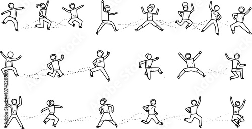 People jumping in lines illustrations projects architecture CAD. Editable vector
