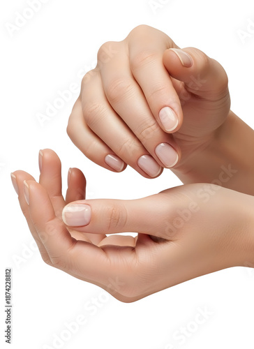 Womans hands with neatly manicured fingernails on transparent background