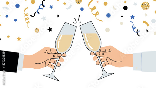 Celebratory toast with champagne glasses and festive confetti background