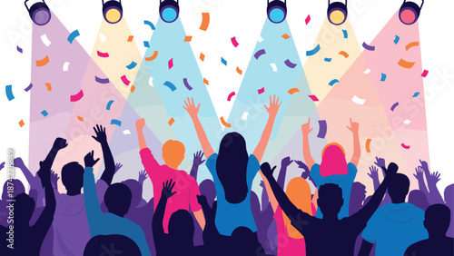 Vibrant night party celebration with colorful lighting and confetti