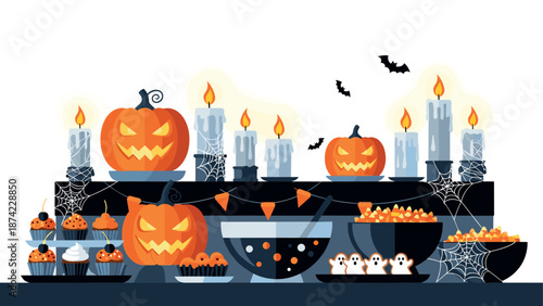 Festive halloween party table with spooky pumpkins and treats