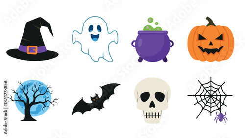 Colorful halloween icons: witch hat, ghost, cauldron, pumpkin, and more