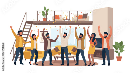 Celebration party in spacious living room with friends and autumn leaves decoration