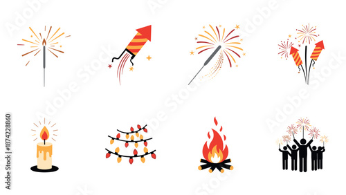 Festive celebration icons: fireworks, sparklers, and party elements in flat style