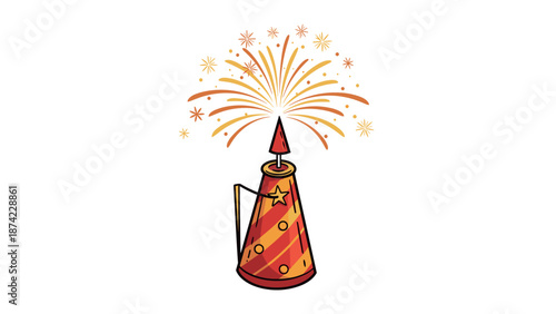 Festive firework rocket with colorful starburst on white background